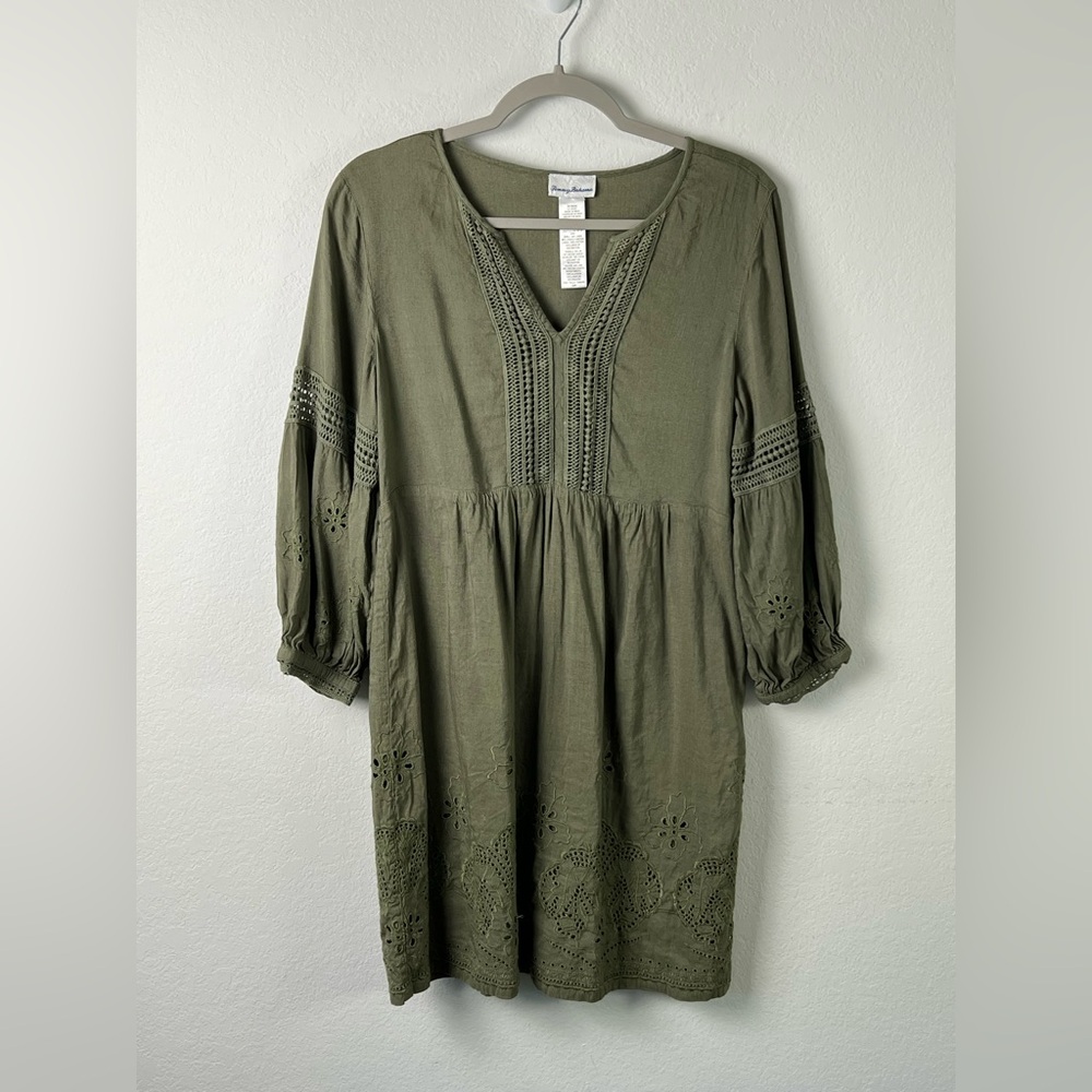Tommy Bahama Olive Green Linen Viscose Eyelet Boho Peasant Dress